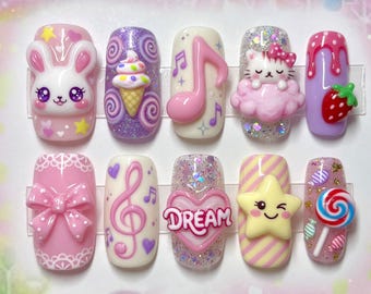Kawaii Bunny Press On Nails 3D Music Note Nails Cute Cat Cloud Star Nails Pink Lace Bow Ice Cream Dream Heart Lollipop Nails Handmade Gift