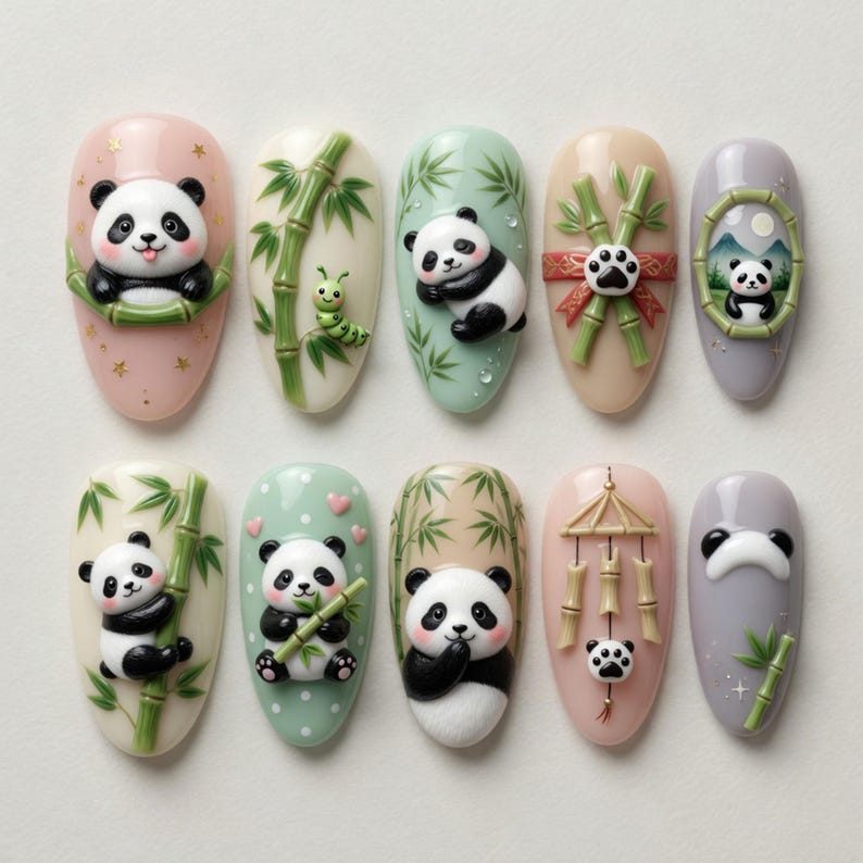 Kawaii Panda Press on Nails 3D Panda Bamboo Nails Cute Animal Nails Zen ...