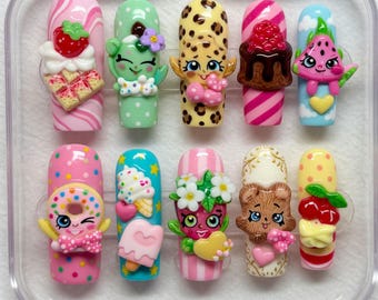 Handmade Shopkins Press On Nails 3D Strawberry Donut Nails Cute Dessert Ice Cream Nails Leopard Cheetah Print Nails Kawaii Gift for Her