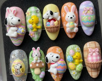 Handmade Snoopy Easter Press On Nails 3D Bunny Snoopy Nails Cute Woodstock Easter Egg Nails Basket Mushroom Glue On Nails Kawaii Pastel Gift