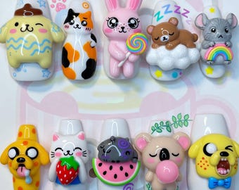 Kawaii Animal Press On Nails 3D Bunny Cat Bear Nails Cute Koala Dog Mouse Nails Lollipop Strawberry Rainbow Nails Handmade Gift for Her