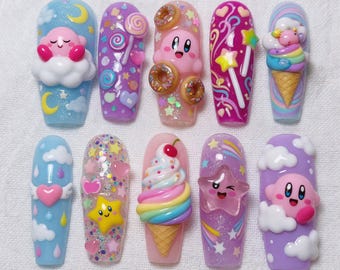 Handmade Kirby Press On Nails 3D Pink Kirby Nails Cute Donut Nails Rainbow Ice Cream Nails Star Moon Cloud Glue On Nails Pastel Kawaii Gift