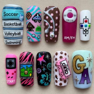 Y2K Retro Press On Nails 3D Gameboy Nails Cute Cassette Tape Music Nails Space Invaders Pixel Art Controller Radio Nails Handmade Gift