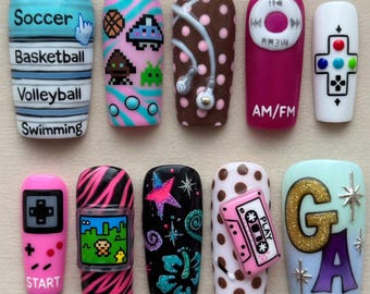 Y2K Retro Press On Nails 3D Gameboy Nails Cute Cassette Tape Music Nails Space Invaders Pixel Art Controller Radio Nails Handmade Gift