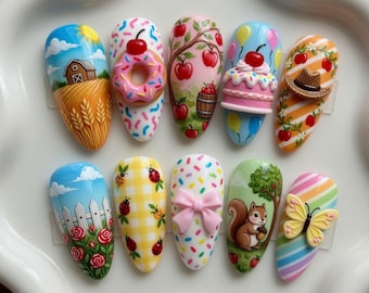 Handmade Press On Nails 3D Apple Farm Nails Cute Squirrel Butterfly Nails Donut Cake Picnic Nails Gingham Ladybug Flower Glue On Nails Gift
