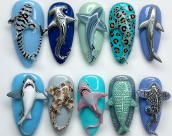 Handmade Shark Press On Nails 3D Great White Shark Nails Hammerhead Whale Shark Leopard Shark Bull Shark Blue Sea Ocean Nails Gift for Her