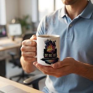 Könnte beinhalten: Weiße Keramiktasse mit einer farbenfrohen Grafik eines Gehirns in einem Computerbildschirm. Die Tasse ist mit einer dunklen Flüssigkeit gefüllt, möglicherweise Kaffee oder Tee. Dampf steigt von oben auf. Die Tasse wird von einer Person gehalten.