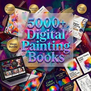 May include: A collection of digital painting books and tutorials. The image features a laptop, tablet, and smartphone displaying digital art content. The central focus is on the text "5000+ Digital Painting Books" with colorful accents and the words "Mega Bundle" and "Instant Download".
