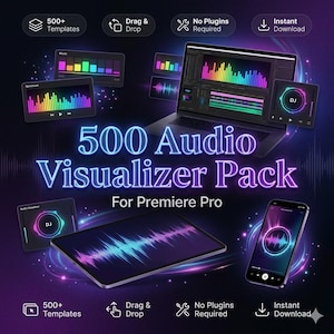 Puede incluir: Gráfico digital que promociona un paquete de 500 visualizadores de audio para Premiere Pro. La imagen presenta una computadora portátil, una tableta y un teléfono inteligente que muestran visualizaciones de espectro de audio. El texto incluye "500+ Templates", "Drag & Drop", "No Plugins Required" e "Instant Download".