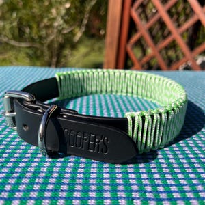 Puede incluir: Collar de perro de cuero negro con un diseño tejido en verde neón y blanco. El collar tiene una hebilla plateada y una etiqueta de cuero negro con el nombre "COOPER'S" en relieve. El collar está sobre una superficie a cuadros azul y verde.