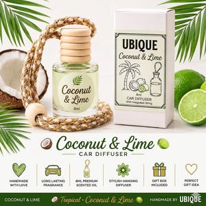 May include: An 8ml glass car diffuser bottle with a light wooden cap and a braided hanging cord, labelled Coconut & Lime. It is displayed next to its white rectangular packaging box, which features the text UBIQUE Coconut & Lime and illustrations of a palm tree, coconut, and lime.