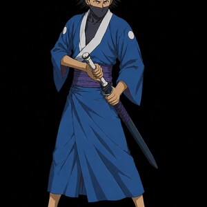 Könnte beinhalten: Eine Figur mit stacheligem schwarzem Haar trägt einen blauen Kimono mit weißem Kragen, eine violette Schärpe und eine schwarze Gesichtsmaske. Die Figur hält ein Schwert mit weißem Griff und schwarzer Scheide und trägt einfache braune Sandalen.