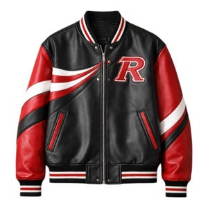 May include: A black varsity jacket featuring red and white leather sleeves with striped detailing. The front includes a central zipper, two side pockets, a ribbed collar, and a large red letter R patch on the upper left chest area.