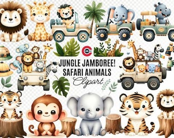 Bundle de cliparts aquarelle animaux de safari, décoration de chambre d'enfant jungle PNG en téléchargement numérique