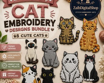Cat Couple Embroidery Design Set | Kitten Machine Embroidery File (Digital Download