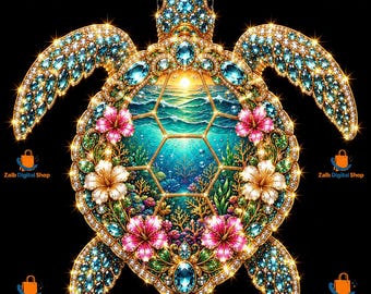 Rhinestone Sea Turtle PNG, Beach Ocean Sublimation Design Digital Download