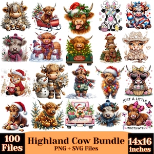 Pu&ograve; includere: Una raccolta di 100 illustrazioni di mucche delle Highlands in formati PNG e SVG. Le immagini raffigurano mucche delle Highlands in ambientazioni festive, tra cui temi natalizi, con il testo "Merry Christmas" e "Just a Little Mootivated". La dimensione dell'immagine &egrave; di 35,56 cm x 40,64 cm.