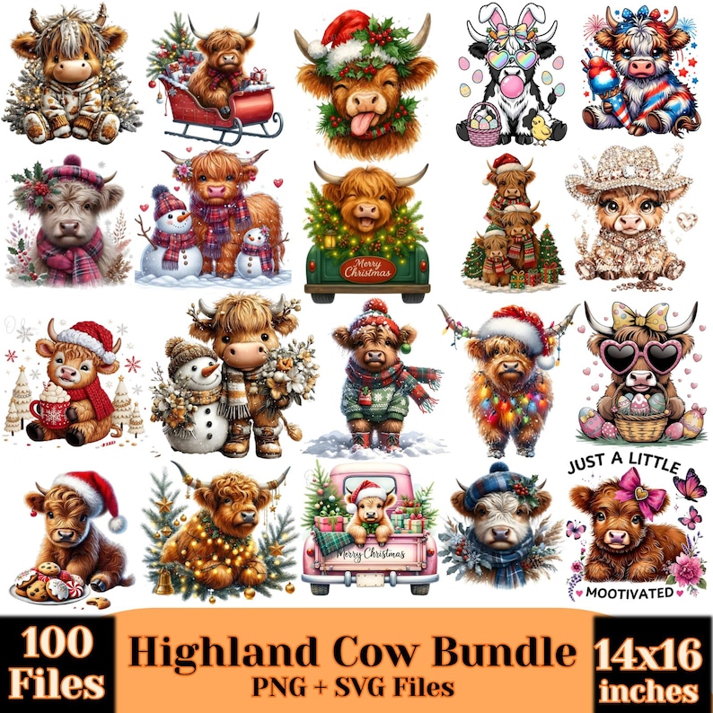Pu&ograve; includere: Una raccolta di 100 illustrazioni di mucche delle Highlands in formati PNG e SVG. Le immagini raffigurano mucche delle Highlands in ambientazioni festive, tra cui temi natalizi, con il testo "Merry Christmas" e "Just a Little Mootivated". La dimensione dell'immagine &egrave; di 35,56 cm x 40,64 cm.
