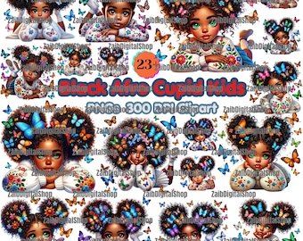 Ensemble de papillons lunatiques noirs afro-américains PNG | Pack de cliparts filles africaines | Téléchargement numérique