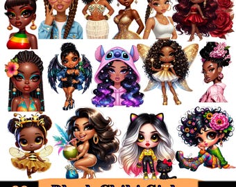 Lot de cliparts filles afro chibi noires | Téléchargement numérique SVG PNG pour enfants afro-américains