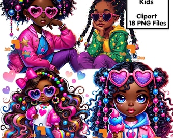 Clipart enfants afro noir | Ensemble PNG pour filles à la mode (téléchargement numérique