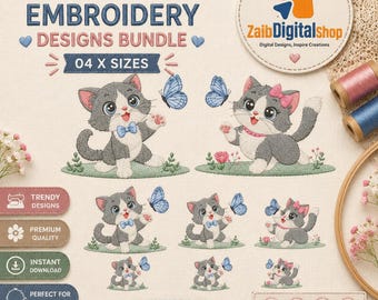 Kitten Couple Embroidery Design – Adorable Boy Girl Cats Butterflies (Digital Download
