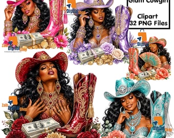 Czarny Afro Glam Cowgirl Clipart | Pakiet mody zachodniej PNG (32 pliki)
