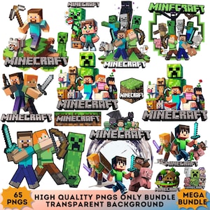 May include: A collection of Minecraft digital graphics featuring Steve, Alex, Creepers, and various mobs in pixelated style. The images include the Minecraft logo, game characters, and animals on transparent backgrounds, labeled as a 65 PNG mega bundle.