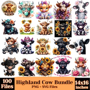 Pu&ograve; includere: Un pacchetto digitale con 20 illustrazioni di mucche delle Highlands, ognuna con design unici. Alcune mucche hanno decorazioni floreali, fiocchi e occhiali da sole. Il testo include "Easily Distracted by Cows", "Not my bullshit", "I'm Not a Hot Mess", e "I'm a Spicy Disaster". Il pacchetto &egrave; di 35.56 x 40.64 cm.
