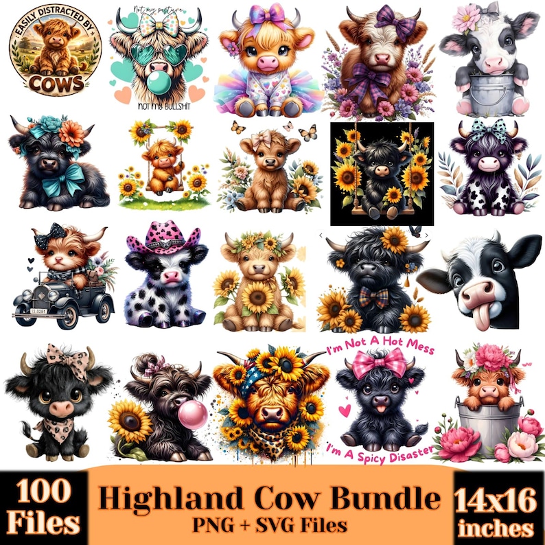 Pu&ograve; includere: Un pacchetto digitale con 20 illustrazioni di mucche delle Highlands, ognuna con design unici. Alcune mucche hanno decorazioni floreali, fiocchi e occhiali da sole. Il testo include "Easily Distracted by Cows", "Not my bullshit", "I'm Not a Hot Mess", e "I'm a Spicy Disaster". Il pacchetto &egrave; di 35.56 x 40.64 cm.