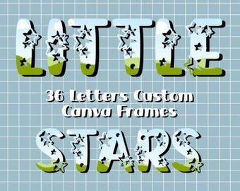 Czcionka Little Stars, ramki na litery Canva, edytowalny szablon alfabetu do pobrania w wersji cyfrowej