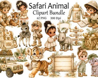 Bundle de cliparts aquarelle animaux de safari, décoration de chambre d'enfant jungle 62 PNG en téléchargement numérique