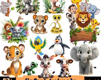 Zestaw PNG ze zwierzętami safari | Clipart z dziką przyrodą dżungli do pobrania w wersji cyfrowej