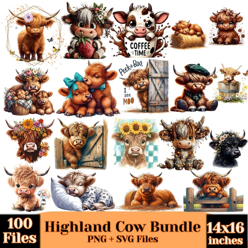 Pacchetto di clipart di mucche delle Highlands / 100 file PNG da scaricare digitalmente immagine 5