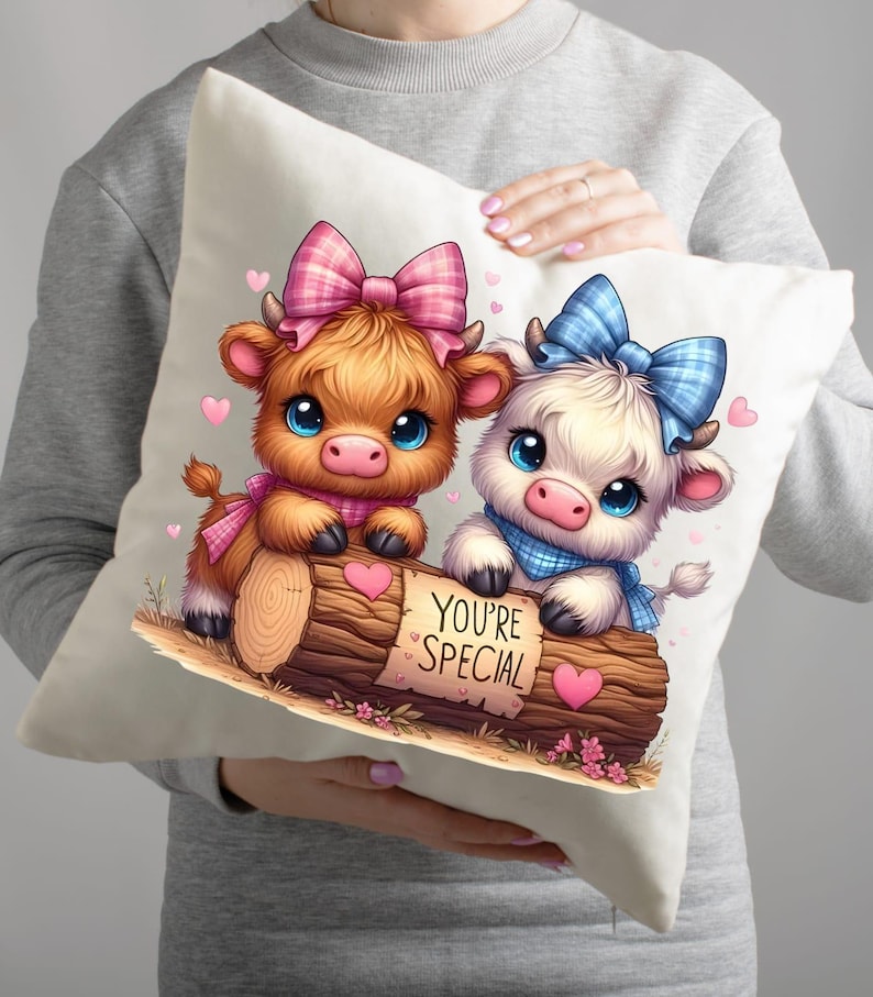 Pu&ograve; includere: Un cuscino decorativo con un'illustrazione di due mucche dei cartoni animati. Una &egrave; marrone, l'altra bianca, entrambe con fiocchi e sciarpe. Tengono un tronco con la scritta "YOU'RE SPECIAL". Sono presenti anche cuori e fiori rosa.
