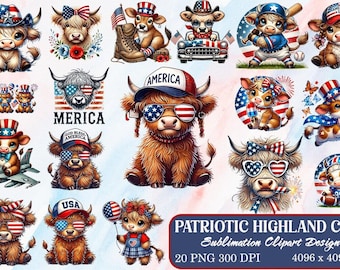 Patriotyczny pakiet clipartów z krową szkocką, USA 4 lipca PNG do pobrania w wersji cyfrowej