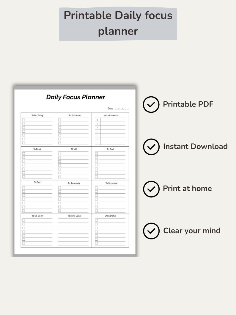 Daily Focus Planner Printable PDF | Minimalist Planner A4 | Simple To ...