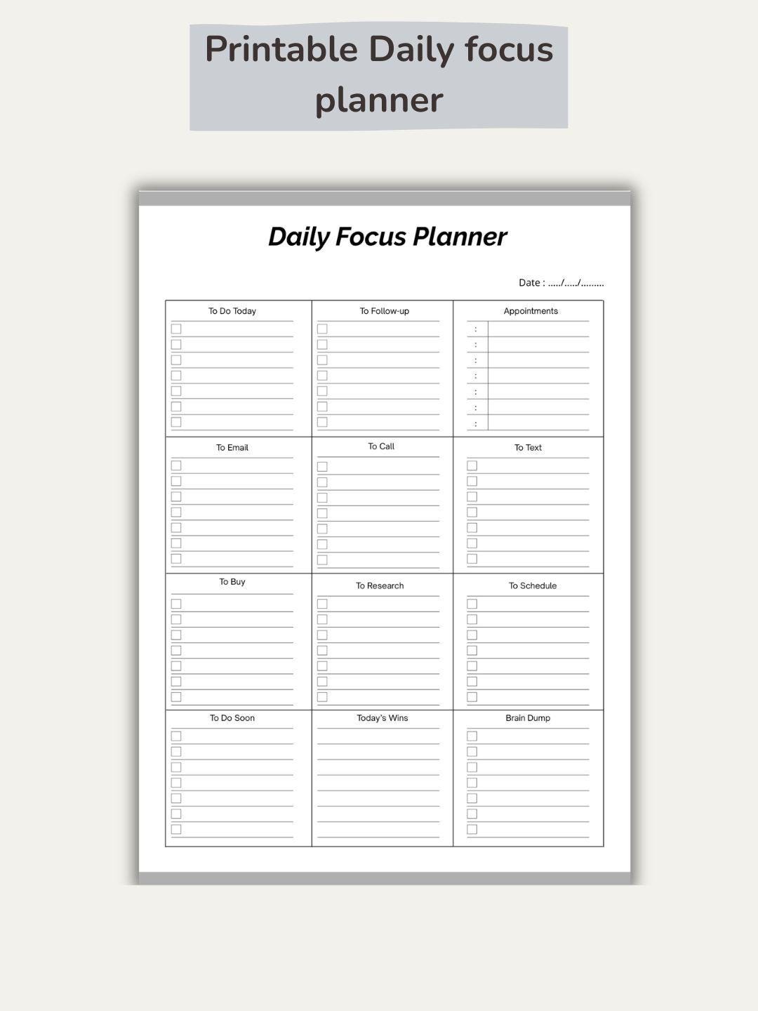 Daily Focus Planner Printable PDF | Minimalist Planner A4 | Simple To ...