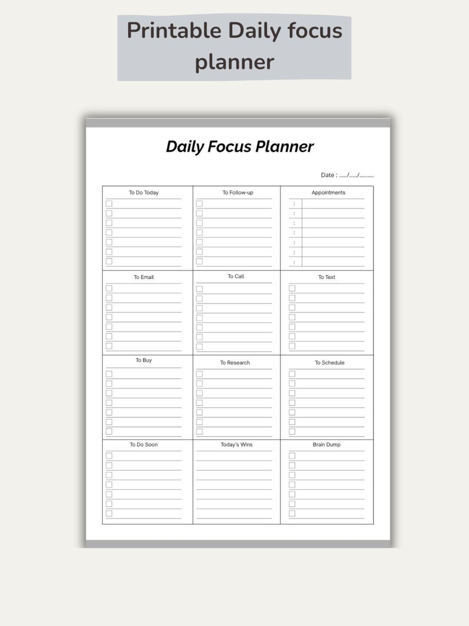 Daily Focus Planner Printable PDF | Minimalist Planner A4 | Simple To ...