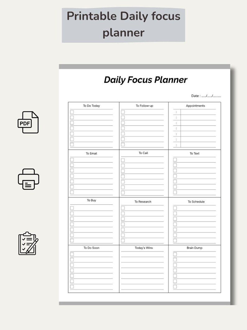 Daily Focus Planner Printable PDF | Minimalist Planner A4 | Simple To ...