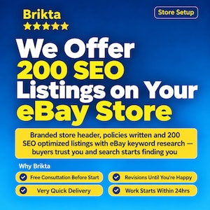 Peut inclure: Une publicité graphique bleue pour les services de configuration de boutique Brikta. Le texte inclut : Brikta, Store Setup, We Offer 200 SEO Listings on Your eBay Store, Branded store header, policies written et 200 SEO optimized listings.