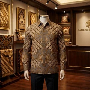 Op de afbeelding: Een overhemd met lange mouwen met een bruin en grijs batikpatroon. Het overhemd wordt op een mannequin gepresenteerd, waarbij het ingewikkelde ontwerp wordt getoond. Het overhemd wordt gecombineerd met een zwarte broek. De achtergrond toont ingelijste kunstwerken en de tekst "BATIK NURA".