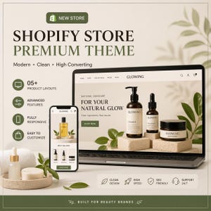 May include: Promotional image for a Shopify store theme. A laptop and smartphone display a skincare product website. The theme is advertised as modern, clean, and high-converting, with features like product layouts and SEO-friendly design.