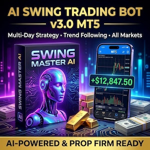 Puede incluir: Un anuncio de un AI Swing Trading Bot v3.0 MT5. La imagen presenta una caja con el texto "SWING MASTER AI" y una cabeza de robot futurista, un teléfono inteligente que muestra un gráfico de trading, lingotes de oro y fajos de billetes.