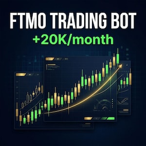 Può includere: Immagine con il testo "FTMO TRADING BOT +20K/month" in bianco e verde. Lo sfondo è blu scuro con tre grafici che mostrano modelli di candele verdi e oro e una linea di tendenza gialla ascendente.