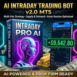 Puede incluir: Anuncio de un bot de trading intradía con IA. La imagen presenta una caja del producto "Intraday Pro AI" con un diseño de robot futurista. Un smartphone muestra datos de trading con una ganancia de $9,542.80. También hay lingotes de oro y billetes.