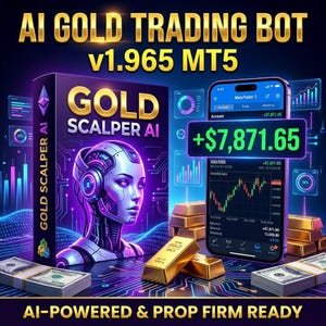 May include: An advertisement for an AI Gold Trading Bot. The image features a box labeled "GOLD SCALPER AI" with a futuristic woman's face, a smartphone displaying trading data, gold bars, and stacks of cash. Text includes "AI-POWERED & PROP FIRM READY."