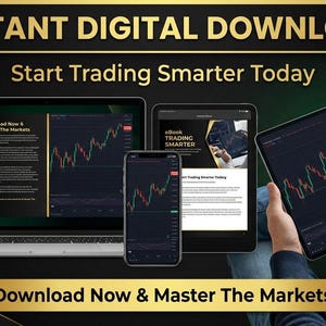 May include: Digital download advert showing a laptop, smartphone, tablet, and e-reader displaying stock charts. The text "INSTANT DIGITAL DOWNLOAD" and "Start Trading Smarter Today" are visible. The phrase "Download Now & Master The Markets" is also present.