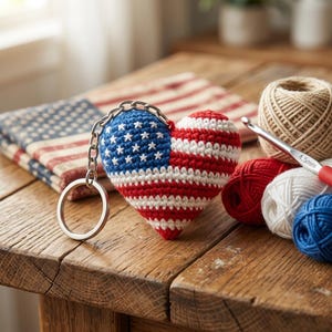 May include: A crocheted heart-shaped keychain in red, white, and blue, resembling the American flag. The keychain is attached to a silver chain and ring. Additional yarn and a crochet hook are visible on a wooden surface.