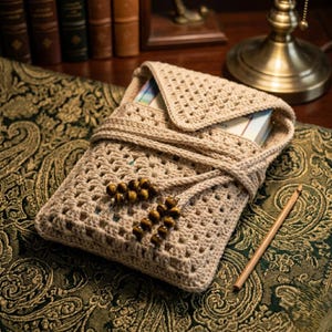 Puede incluir: Una funda de libro beige tejida a ganchillo con cierre de solapa y detalles de cuentas de madera. La funda está envuelta con un cordón y contiene un libro. Un lápiz de madera descansa sobre la superficie estampada.